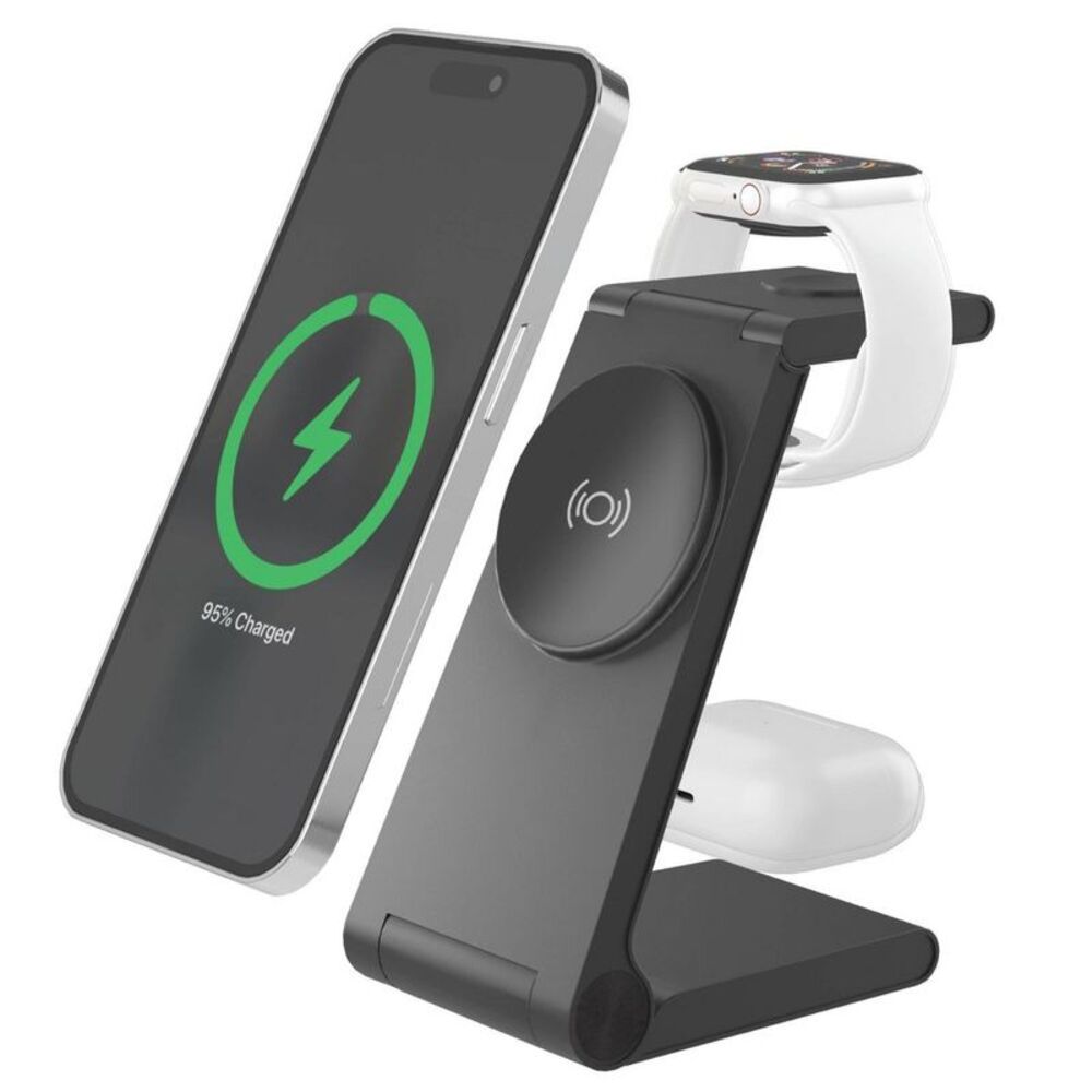 Just Wireless 3-in-1 Magnetic Wireless Charger - Black: USB-C MagSafe Compatible